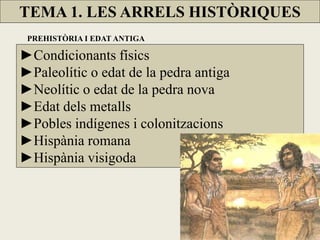 TEMA 1. LES ARRELS HISTÒRIQUES 
PREHISTÒRIA I EDAT ANTIGA 
►Condicionants físics 
►Paleolític o edat de la pedra antiga 
►Neolític o edat de la pedra nova 
►Edat dels metalls 
►Pobles indígenes i colonitzacions 
►Hispània romana 
►Hispània visigoda  