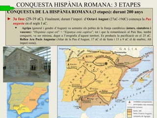 CONQUESTA DE LA HISPÀNIA ROMANA (3 etapes): durant 200 anys 
►3a fase (29-19 aC). Finalment, durant l’imperi d’Octavi August (27aC-19dC) comença la Pax augusta en el segle I aC. 
 Agripa (general i gendre d’August) va sotmetre els pobles de la franja cantàbrica (àsturs, càntabres i vascons): “Hispània caput est” = “Espanya està captiva”, tot i que la romanització al País Bas, també conquerit, va ser mínima, degut a l’orografia d’aquest territori. Es produeix la pacificació en el 25 aC. Relleu Ara Pacis Augustae (Altar de la Pau d’August, 17 aC el de fusta i 13 a 9 aC el de marbre, Alt imperi romà). 
CONQUESTA HISPÀNIA ROMANA: 3 ETAPES  