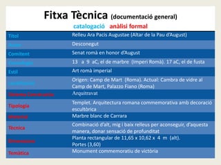 Fitxa Tècnica (documentació general) 
catalogació i anàlisi formal 
Títol 
Relleu Ara Pacis Augustae (Altar de la Pau d’August) 
Autor 
Desconegut 
Comitent 
Senat romà en honor d’August 
Cronologia 
13 a 9 aC, el de marbre (Imperi Romà). 17 aC, el de fusta 
Estil 
Art romà imperial 
Localització 
Origen: Camp de Mart (Roma). Actual: Cambra de vidre al Camp de Mart, Palazzo Fiano (Roma) 
Sistema Constructiu 
Arquitravat 
Tipologia 
Templet. Arquitectura romana commemorativa amb decoració escultòrica 
Material 
Marbre blanc de Carrara 
Tècnica 
Combinació d’alt, mig i baix relleus per aconseguir, d’aquesta manera, donar sensació de profunditat 
Dimensions 
Planta rectangular de 11,65 x 10,62 x 4 m (alt). 
Portes (3,60) 
Temàtica 
Monument commemoratiu de victòria  