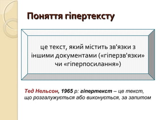 ППоонняяттттяя ггііппееррттееккссттуу 
це текст, який містить зв'язки з 
іншими документами («гіперзв'язки» 
чи «гіперпосилання») 
Тед Нельсон, 1965 р: гіпертекст – це текст, 
що розгалужується або виконується, за запитом 
 