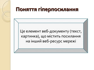 ППоонняяттттяя ггііппееррппооссииллаанннняя 
Це елемент веб-документу (текст, 
картинка), що містить посилання 
на інший веб-ресурс мережі 
 
