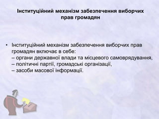 Інституційний механізм забезпечення виборчих
прав громадян
• Інституційний механізм забезпечення виборчих прав
громадян включає в себе:
– органи державної влади та місцевого самоврядування,
– політичні партії, громадські організації,
– засоби масової інформації.
 