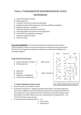 Tema 1: FUNDAMENTOS MICROBIOLÓGICOS: PLACA
MICROBIANA
a) Capa de hidratacióno de Stern
b) Películaadquirida
c) Formación,crecimientoymaduraciónde laplaca
d) Ecología microbiana.Microorganismos:Acidúricos,acidófilosyacidógenos
e) Adhesiónespecíficae inespecífica
f) Producciónde polímerosextrae intracelulares
g) Potencial patogénicode losdistintosmicroorganismos
h) Testpredictivoscuantitativosycualitativos
i) Hipótesisespecificade laplaca
j) Infeccióncruzada
Placa dental (BIOFILM): “Es la comunidadmicrobianacomplejaencontradasobre la
superficie dentariainmersaenunamatrizde polímerosde origenbacterianoysalival que le
permite alosmicroorganismosorganizarse yestablecersusmecanismosmetabólicoscon
resultadosnegativos”
Etapas de formaciónde la placa:
1- Capa de hidratacióno de Stern Matriz salival
2- Películaadquirida
3- Deposición
4- Adhesión Matriz microbiana
5- Agregaciónycoagregación
6- Crecimientoymultiplicación
1) Capa de hidratación, de Stern o íonica
 Se forma cuandola salivabañael esmalte.
 El esmalte tienegruposCa++
tapadospor grupos fosfatos(HPO-
4),portantolacarga total
del esmalte esnegativa,lasalivaneutralizaconionespositivos(lasuperficie de laHA atrae
ionescontrarios),esunprocesode adsorciónselectivade ionesfundamentalmente iones
calcio(90%) e ionesHPO-
4 (10%),que se unen,respectivamente,alosgrupos HPO-
4 y Ca+
de la HA formandounacapa de iones.
 La composiciónde lacapadepende de:1. pH
2. Fuerzaiónica
3. Tiposde iones
 