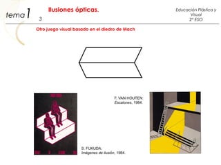 1 3
Educación Plástica y
Visual
2º ESO
Ilusiones ópticas.
tema
S. FUKUDA:
Imágenes de ilusión, 1984.
F. VAN HOUTEN:
Escalones, 1984.
Otro juego visual basado en el diedro de Mach
 