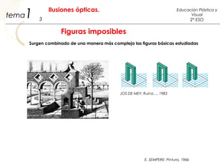 Figuras imposibles
E. SEMPERE: Pintura, 1966
JOS DE MEY: Ruina…, 1983
1 3
Educación Plástica y
Visual
2º ESO
Ilusiones ópticas.
tema
Surgen combinado de una manera más compleja las figuras básicas estudiadas
 
