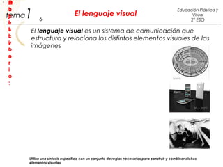 1 El lenguaje visual
6
Educación Plástica y
Visual
2º ESO
tema
El lenguaje visual es un sistema de comunicación que
estructura y relaciona los distintos elementos visuales de las
imágenes
T
p
o
d
e
e
n
g
u
aj
e
vi
u
al
e

O
b
j
e
t
i
v
o
:

P
u
b
l
i
c
i
t
a
r
i
o
:

A
r
t
í
s
t
i
c
o
:
Utiliza una sintaxis específica con un conjunto de reglas necesarias para construir y combinar dichos
elementos visuales
 