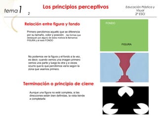 1 Los principios perceptivos
2
Educación Plástica y
Visual
2º ESO
Relación entre figura y fondo
FIGURA
FONDO
Primero percibimos aquello que se diferencia
por su tamaño, color y posición. , las formas que
destaquen por alguno de estos motivos le llamamos
FIGURA y al resto FONDO
tema
No podemos ver la figura y el fondo a la vez,
es decir, cuando vemos una imagen primero
vemos una parte y luego la otra y a veces
ocurre que lo que percibimos varía según la
zona que veamos primero.
Terminación o principio de cierre
Aunque una figura no esté completa, si las
direcciones están bien definidas, la vista tiende
a completarla
 