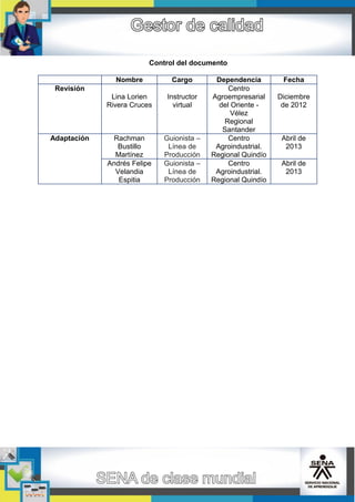 Control del documento
Nombre Cargo Dependencia Fecha
Revisión
Lina Lorien
Rivera Cruces
Instructor
virtual
Centro
Agroempresarial
del Oriente -
Vélez
Regional
Santander
Diciembre
de 2012
Adaptación Rachman
Bustillo
Martínez
Guionista –
Línea de
Producción
Centro
Agroindustrial.
Regional Quindío
Abril de
2013
Andrés Felipe
Velandia
Espitia
Guionista –
Línea de
Producción
Centro
Agroindustrial.
Regional Quindío
Abril de
2013
 
