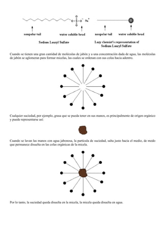 Cuando se tienen una gran cantidad de moléculas de jabón y a una concentración dada de agua, las moléculas
de jabón se aglomeran para formar micelas, las cuales se ordenan con sus colas hacia adentro.
Cualquier suciedad, por ejemplo, grasa que se pueda tener en sus manos, es principalmente de origen orgánico
y puede representarse así:
Cuando se lavan las manos con agua jabonosa, la partícula de suciedad, salta justo hacia el medio, de modo
que permanece disuelta en las colas orgánicas de la micela.
Por lo tanto, la suciedad queda disuelta en la micela, la micela queda disuelta en agua.
 