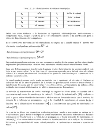 Tabla 2.2.2.2.- Valores cinéticos de radicales libres típicos.
Existe una cierta tendencia a la formación de segmentos estereorregulares, particularmente a
temperaturas bajas, aunque se prefiere el uso de catalizadores iónicos y de coordinación para la
obtención de polímeros estereorregulares.
Si no ocurren otras reacciones que las mencionadas, la longitud de la cadena cinética V debería estar
relacionada con el grado de polimerización GP , así:
- Para terminación por combinación: 2GP V=
- Para terminación por desproporción: GP V=
Esto es cierto para algunos sistemas, pero para otros ocurren amplias desviaciones en que hay más moléculas
de polímeros que centros activos. Estas son como resultado de las reacciones de transferencia de cadena.
Cada uno de los procesos de transferencia de cadena produce la terminación de un macrorradical y da
lugar a otro macrorradical. En los dos casos, el electrón no apareado no se hallará ya en el carbono
terminal. Las nuevas posiciones del radical sirven de puntos de ramificación para la extensión de la
cadena o su ramificación.
La transferencia de cadena puede producirse también con el monómero, el iniciador, el disolvente o
cualquier otro de los aditivos presentes en el sistema de polimerización, siendo de mayor interés la
transferencia de cadena con los disolventes y con otros aditivos. La transferencia de cadena a otras
moléculas exceptuando el disolvente o los aditivos es normalmente despreciable.
La reacción de transferencia de cadena disminuye la longitud de cadena media de acuerdo con la
concentración del agente de transferencia de cadena S. El grado de polimerización ( )GP resultante es
igual al que se habría obtenido sin disolvente ni aditivos más un factor relacionado con el producto del
cociente de la velocidad de propagación ( )pv y la velocidad de transferencia de cadena ( )trv y el
cociente de la concentración de monómero [ ]M y la concentración del agente de transferencia de
cadena [ ]XP .
La ecuación de Mayo, que proporciona pendientes positivas cuando se representan los valores, es la
relación inversa que se deriva de la expresión citada anteriormente. El cociente de la velocidad de cese o
terminación por transferencia y la velocidad de propagación se llama constante de transferencia de
cadena ( )sC . Esta última está relacionada con fuerzas de enlace relativas en la molécula del disolvente)
del aditivo y la estabilidad del nuevo radical producido. A continuación se muestra la ecuación de
Mayo.
 