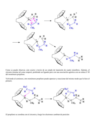 Como se puede observar, esto ocurre a través de un estado de transición de cuatro miembros. Además, el
zirconio termina tal como empezó, perdiendo un ligando pero con una asociación agóstica con un enlace C-H
del monómero propileno.
Volviendo al comienzo, otro monómero propileno puede aparecer y reaccionar del mismo modo que lo hizo el
primero.
El propileno se coordina con el zirconio y luego los electrones cambian de posición:
 