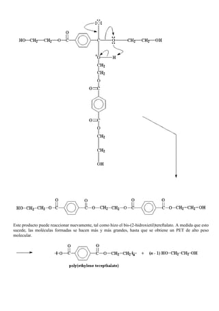 Este producto puede reaccionar nuevamente, tal como hizo el bis-(2-hidroxietil)tereftalato. A medida que esto
sucede, las moléculas formadas se hacen más y más grandes, hasta que se obtiene un PET de alto peso
molecular.
 