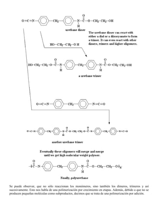 Se puede observar, que no sólo reaccionan los monómeros, sino también los dímeros, trímeros y así
sucesivamente. Esto nos habla de una polimerización por crecimiento en etapas. Además, debido a que no se
producen pequeñas moléculas como subproductos, decimos que se trata de una polimerización por adición.
 