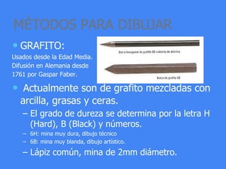 MÉTODOS PARA DIBUJAR
• GRAFITO:
Usados desde la Edad Media.
Difusión en Alemania desde
1761 por Gaspar Faber.
• Actualmente son de grafito mezcladas con
arcilla, grasas y ceras.
– El grado de dureza se determina por la letra H
(Hard), B (Black) y números.
– 6H: mina muy dura, dibujo técnico
– 6B: mina muy blanda, dibujo artístico.
– Lápiz común, mina de 2mm diámetro.
 