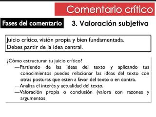 3. Valoración subjetiva
Juicio crítico, visión propia y bien fundamentada.
Debes partir de la idea central.
¿Cómo estructurar tu juicio crítico?
―Partiendo de las ideas del texto y aplicando tus
conocimientos puedes relacionar las ideas del texto con
otras posturas que estén a favor del texto o en contra.
―Analiza el interés y actualidad del texto.
―Valoración propia o conclusión (valora con razones y
argumentos
 