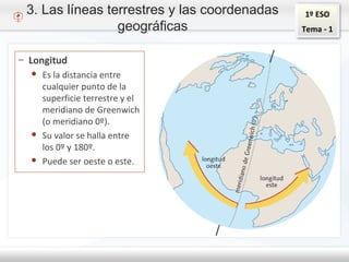 1º ESO
Tema - 1
3. Las líneas terrestres y las coordenadas
geográficas
– Longitud
● Es la distancia entre
cualquier punto de la
superficie terrestre y el
meridiano de Greenwich
(o meridiano 0º).
● Su valor se halla entre
los 0º y 180º.
● Puede ser oeste o este.
 