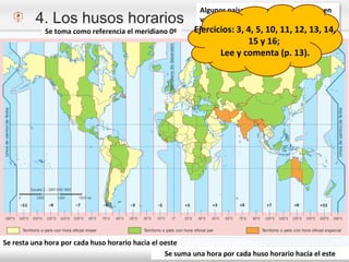 1º ESO
Tema - 1
4. Los husos horarios
Se toma como referencia el meridiano 0º
Se suma una hora por cada huso horario hacia el este
Se resta una hora por cada huso horario hacia el oeste
Algunos países de gran extensión poseen
varios husos horarios (ej. Rusia o EE.UU.).
Otros tienen un horario especialEjercicios: 3, 4, 5, 10, 11, 12, 13, 14,
15 y 16;
Lee y comenta (p. 13).
 