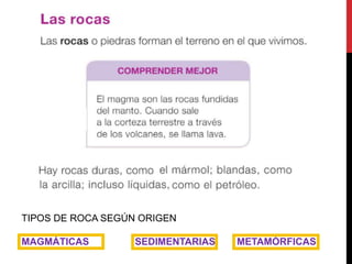 TIPOS DE ROCA SEGÚN ORIGEN
MAGMÁTICAS SEDIMENTARIAS METAMÓRFICAS