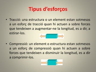 Tipus d’esforços
• Tracció: una estructura o un element estan sotmesos
a un esforç de tracció quan hi actuen a sobre forces
que tendeixen a augmentar-ne la longitud, es a dir, a
estirar-los.
• Compressió: un element o estructura estan sotmesos
a un esforç de compressió quan hi actuen a sobre
forces que tendeixen a disminuir la longitud, es a dir
a comprimir-los.
 