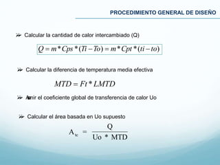 PROCEDIMIENTO GENERAL DE DISEÑO
 Calcular la cantidad de calor intercambiado (Q)
Q  m*Cps *(Ti To)  m*Cpt *(ti to)
 Calcular la diferencia de temperatura media efectiva
MTD  Ft *LMTD
 Asumir el coeficiente global de transferencia de calor Uo
 Calcular el área basada en Uo supuesto
A =
Q
Uo * MTDtc
 