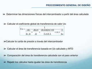 PROCEDIMIENTO GENERAL DE DISEÑO
 Determinar las dimensiones físicas del intercambiador a partir del área calculada
 Calcular el coeficiente global de transferencia de calor Uo
hohi.Ai Ai
1
Ao Ao.ri Ao.Ln(ro/ ri) 1
   ro 
Uo 
2..K.L
Calcular la caída de presión a través del intercambiador
 Calcular el área de transferencia basada en Uo calculado y MTD
 Comparación del área de transferencia calculada con el paso anterior
 Repetir los cálculos hasta igualar las área de transferencia
 