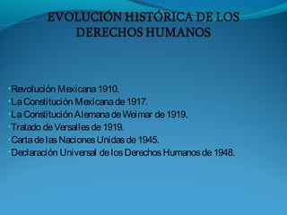 •Revolución Mexicana1910.
•LaConstitución Mexicanade1917.
•LaConstituciónAlemanadeWeimar de1919.
•Tratado deVersallesde1919.
•CartadelasNacionesUnidasde1945.
•Declaración Universal delosDerechosHumanosde1948.
 