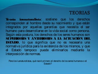 Teoría iusnaturalista: sostiene que los derechos
corresponden al hombre desde su nacimiento y que están
integrados por aquellas garantías que necesita el ser
humano para desarrollarse en la vida social como persona.
Según esta postura, los derechos de los seres humanos son
SUPERIORES Y ANTERIORES A LA ACTUACIÓN DEL
ESTADO, lo que significa que no es necesaria una
normativa jurídica para la existencia de los mismos, y que
el Estado tampoco puede eliminarlos mediante la
interposición denormas.
Paralosiusnaturalistas, quénació primero el derecho delossereshumanoso el
Estado?
 