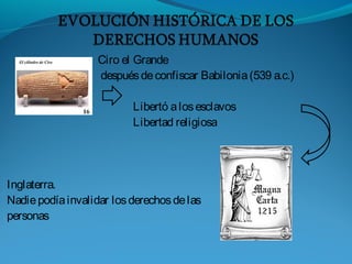 Ciro el Grande
despuésdeconfiscar Babilonia(539 a.c.)
Libertó alosesclavos
Libertad religiosa
Inglaterra.
Nadiepodíainvalidar losderechosdelas
personas
 