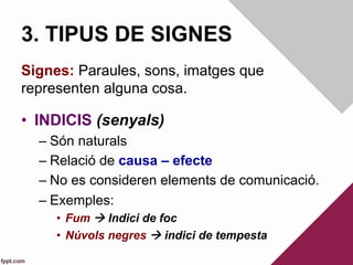 3. TIPUS DE SIGNES
Signes: Paraules, sons, imatges que
representen alguna cosa.
•  INDICIS (senyals)
– Són naturals
– Relació de causa – efecte
– No es consideren elements de comunicació.
– Exemples:
•  Fum à Indici de foc
•  Núvols negres à indici de tempesta
 
