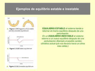Ejemplos de equilibrio estable e inestable
EQUILIBRIO ESTABLE el sistema tiende a
retornar al mismo equilibrio después de una
perturbación.
En un EQUILIBRIO INESTABLE el sistema
retorna a un nuevo equilibrio después de una
perturbación (Ejemplo el posible cambio
climático actual que nos llevaría hacia un clima
más cálido.)
 