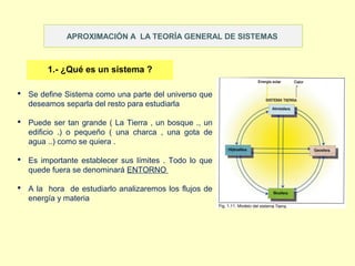 APROXIMACIÓN A LA TEORÍA GENERAL DE SISTEMAS
1.- ¿Qué es un sistema ?
 Se define Sistema como una parte del universo que
deseamos separla del resto para estudiarla
 Puede ser tan grande ( La Tierra , un bosque ., un
edificio .) o pequeño ( una charca , una gota de
agua ..) como se quiera .
 Es importante establecer sus límites . Todo lo que
quede fuera se denominará ENTORNO
 A la hora de estudiarlo analizaremos los flujos de
energía y materia
 