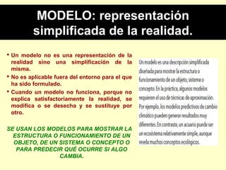  Un modelo no es una representación de la
realidad sino una simplificación de la
misma.
 No es aplicable fuera del entorno para el que
ha sido formulado.
 Cuando un modelo no funciona, porque no
explica satisfactoriamente la realidad, se
modifica o se desecha y se sustituye por
otro.
SE USAN LOS MODELOS PARA MOSTRAR LA
ESTRUCTURA O FUNCIONAMIENTO DE UN
OBJETO, DE UN SISTEMA O CONCEPTO O
PARA PREDECIR QUÉ OCURRE SI ALGO
CAMBIA.
MODELO: representaciónMODELO: representación
simplificada de la realidad.simplificada de la realidad.
 