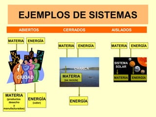 EJEMPLOS DE SISTEMAS
SISTEMA
SOLAR
CHARCACHARCA
ABIERTOS CERRADOS AISLADOS
CIUDAD
MATERIA ENERGÍA
MATERIA
(productos
desecho
y
manufacturados)
ENERGÍA
(calor)
MATERIA ENERGÍA MATERIA ENERGÍA
MATERIA
(se recicla)
ENERGÍA
ENERGÍAMATERIA
 