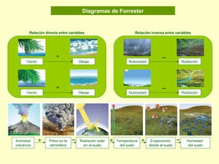 Diagramas de Forrester
Relación directa entre variables Relación inversa entre variables
Oleaje
OleajeViento
Viento Radiación
RadiaciónNubosidad
Nubosidad
+
+ ▬
▬
Actividad
volcánica
Polvo en la
atmósfera
Radiación solar
en el suelo
Temperatura
del suelo
Evaporación
desde el suelo
Humedad
del suelo
+ + + ▬▬
 