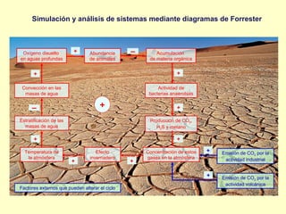 Simulación y análisis de sistemas mediante diagramas de Forrester
+
Oxígeno disuelto
en aguas profundas
Emisión de CO2 por la
actividad volcánica
Abundancia
de animales
Acumulación
de materia orgánica
Convección en las
masas de agua
Estratificación de las
masas de agua
Temperatura de
la atmósfera
Actividad de
bacterias anaerobias
Producción de CO2,
H2S y metano
Concentración de estos
gases en la atmósfera
Efecto
invernadero
Emisión de CO2 por la
actividad industrial
+
+
+
+
+
++
+
▬
▬
+
+
Factores externos que pueden alterar el ciclo
 