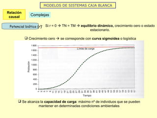 MODELOS DE SISTEMAS CAJA BLANCA
Relación
causal
Complejas
– Si r = 0  TN = TM  equilibrio dinámico, crecimiento cero o estado
estacionario.
Potencial biótico (r)
 Crecimiento cero  se corresponde con curva sigmoidea o logística
 Se alcanza la capacidad de carga: máximo nº de individuos que se pueden
mantener en determinadas condiciones ambientales
 