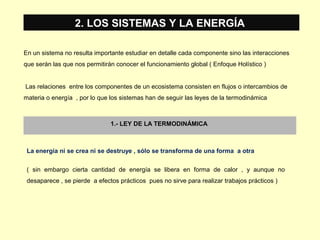 2. LOS SISTEMAS Y LA ENERGÍA
En un sistema no resulta importante estudiar en detalle cada componente sino las interacciones
que serán las que nos permitirán conocer el funcionamiento global ( Enfoque Holístico )
Las relaciones entre los componentes de un ecosistema consisten en flujos o intercambios de
materia o energía , por lo que los sistemas han de seguir las leyes de la termodinámica
1.- LEY DE LA TERMODINÁMICA
La energía ni se crea ni se destruye , sólo se transforma de una forma a otra
( sin embargo cierta cantidad de energía se libera en forma de calor , y aunque no
desaparece , se pierde a efectos prácticos pues no sirve para realizar trabajos prácticos )
 