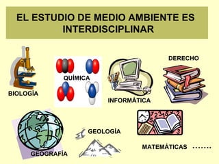 EL ESTUDIO DE MEDIO AMBIENTE ES
INTERDISCIPLINAR
BIOLOGÍA
QUÍMICA
INFORMÁTICA
DERECHO
GEOGRAFÍA
GEOLOGÍA
MATEMÁTICAS …….
 