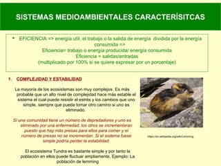 SISTEMAS MEDIOAMBIENTALES CARACTERÍSITCAS
 EFICIENCIA => energía utíl, el trabajo o la salida de energía dividida por la energía
consumida =>
Eficiencia= trabajo o energía producida/ energía consumida
Eficiencia = salidas/entradas
(multiplicado por 100% si se quiere expresar por un porcentaje)
1. COMPLEJIDAD Y ESTABILIDAD
La mayoría de los ecosistemas son muy complejos. Es más
probable que un alto nivel de complejidad hace más estable el
sistema el cual puede resistir el estrés y los cambios que uno
simple, siempre que pueda tomar otro camino si uno es
eliminado.
Si una comunidad tiene un número de depredadores y uno es
eliminado por una enfermedad, los otros se incrementaran
puesto que hay más presas para ellos para comer y el
número de presas no se incrementan. Si el sistema fuese
simple podría perder la estabilidad.
El ecosistema Tundra es bastante simple y por tanto la
población en ellos puede fluctuar ampliamente, Ejemplo: La
población de lemming
https://en.wikipedia.org/wiki/Lemming
 