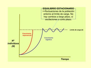 Límite de carga (k)
Tiempo
Nº
individuos
(N)
Crecimiento
exponencial
Crecimiento
logístico
EQUILIBRIO ESTACIONARIO
=>fluctuaciones de la población
entorno al límite de carga. No
hay cambios a largo plazo, sí
oscilaciones a corto plazo.
 