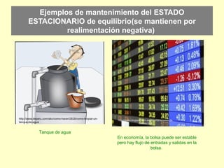 Ejemplos de mantenimiento del ESTADO
ESTACIONARIO de equilibrio(se mantienen por
realimentación negativa)
http://www.deperu.com/abc/como-hacer/2828/como-limpiar-un-
tanque-de-agua
Tanque de agua
En economía, la bolsa puede ser estable
pero hay flujo de entradas y salidas en la
bolsa.
http://rpolio.blogspot.com.es/2014/09/la-bolsa-de-
valores.html
 