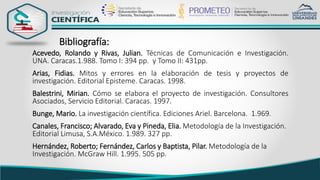 Bibliografía:
Acevedo, Rolando y Rivas, Julian. Técnicas de Comunicación e Investigación.
UNA. Caracas.1.988. Tomo I: 394 pp. y Tomo II: 431pp.
Arias, Fidias. Mitos y errores en la elaboración de tesis y proyectos de
investigación. Editorial Episteme. Caracas. 1998.
Balestrini, Mirian. Cómo se elabora el proyecto de investigación. Consultores
Asociados, Servicio Editorial. Caracas. 1997.
Bunge, Mario. La investigación científica. Ediciones Ariel. Barcelona. 1.969.
Canales, Francisco; Alvarado, Eva y Pineda, Elia. Metodología de la Investigación.
Editorial Limusa, S.A.México. 1.989. 327 pp.
Hernández, Roberto; Fernández, Carlos y Baptista, Pilar. Metodología de la
Investigación. McGraw Hill. 1.995. 505 pp.
 