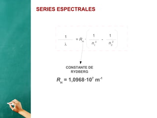 SERIES ESPECTRALES
= RH
· -
1 1 1
 n1
2
n2
2
CONSTANTE DE
RYDBERG
RH
= 1,0968·107
m-1
 