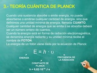 3.- TEORÍA CUÁNTICA DE PLANCK
Cuando una sustancia absorbe o emite energía, no puede
absorberse o emitirse cualquier cantidad de energía, sino que
definimos una unidad mínima de energía, llamada CUANTO.
Cualquier cantidad de energía que se emita o se absorba deberá
ser un número entero de cuantos.
Cuando la energía está en forma de radiación electromagnética,
se denomina energía radiante y su unidad mínima recibe el
nombre de FOTÓN.
La energía de un fotón viene dada por la ecuación de Planck:
E = h · 
ENERGÍA FRECUENCIA DE
LA RADIACIÓN
CONSTANTE DE
PLANCK
h = 6,62·10-34
J·s
 