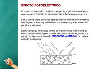 EFECTO FOTOELÉCTRICO
Consiste en la emisión de electrones por la superficie de un metal
cuando sobre él incide luz de frecuencia suficientemente elevada.
La luz incide sobre el cátodo produciendo la emisión de electrones
que lleguen al ánodo y establecen una corriente que es detectada
por el amperímetro.
La física clásica no explica que la energía cinética máxima de los
electrones emitidos dependa de la frecuencia incidente, y que por
debajo de frecuencia llamada FRECUENCIA UMBRAL, no exista
emisión electrónica.
 