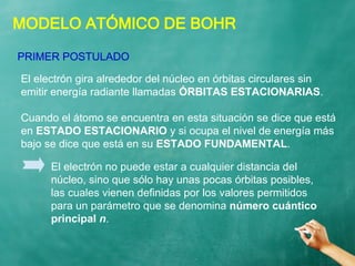 MODELO ATÓMICO DE BOHR
El electrón gira alrededor del núcleo en órbitas circulares sin
emitir energía radiante llamadas ÓRBITAS ESTACIONARIAS.
Cuando el átomo se encuentra en esta situación se dice que está
en ESTADO ESTACIONARIO y si ocupa el nivel de energía más
bajo se dice que está en su ESTADO FUNDAMENTAL.
PRIMER POSTULADO
El electrón no puede estar a cualquier distancia del
núcleo, sino que sólo hay unas pocas órbitas posibles,
las cuales vienen definidas por los valores permitidos
para un parámetro que se denomina número cuántico
principal n.
 