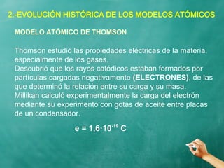 2.-EVOLUCIÓN HISTÓRICA DE LOS MODELOS ATÓMICOS
Thomson estudió las propiedades eléctricas de la materia,
especialmente de los gases.
Descubrió que los rayos catódicos estaban formados por
partículas cargadas negativamente (ELECTRONES), de las
que determinó la relación entre su carga y su masa.
Millikan calculó experimentalmente la carga del electrón
mediante su experimento con gotas de aceite entre placas
de un condensador.
MODELO ATÓMICO DE THOMSON
e = 1,6·10-19
C
 