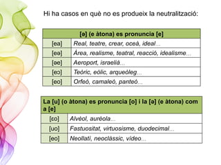 Hi ha casos en què no es produeix la neutralització:
[ǝ] (e àtona) es pronuncia [e]
[ea] Real, teatre, crear, oceà, ideal…
[eǝ] Àrea, realisme, teatral, reacció, idealisme…
[ǝe] Aeroport, israelià…
[eɔ] Teòric, eòlic, arqueòleg…
[eo] Orfeó, camaleó, panteó…
La [u] (o àtona) es pronuncia [o] i la [ǝ] (e àtona) com
a [e]
[ɛo] Alvèol, aurèola…
[uo] Fastuositat, virtuosisme, duodecimal…
[eo] Neollatí, neoclàssic, vídeo…
 