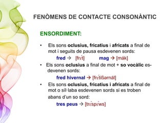 FENÒMENS DE CONTACTE CONSONÀNTIC
ENSORDIMENT:
•  Els sons oclusius, fricatius i africats a final de
mot i seguits de pausa esdevenen sords:
fred à [fr#"""t] mag à [mák]
•  Els sons oclusius a final de mot + so vocàlic es-
devenen sords:
fred hivernal à [fr#"tißǝrnál]
•  Els sons oclusius, fricatius i africats a final de
mot o síl·laba esdevenen sords si es troben
abans d’un so sord:
tres peus à [tr#"sp#"ws]
 