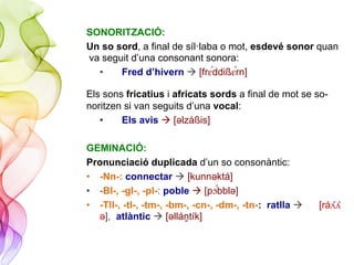 SONORITZACIÓ:
Un so sord, a final de síl·laba o mot, esdevé sonor quan
va seguit d’una consonant sonora:
•  Fred d’hivern à [fr#"ddiß#""rn]
Els sons fricatius i africats sords a final de mot se so-
noritzen si van seguits d’una vocal:
•  Els avis à [ǝlzáßis]
GEMINACIÓ:
Pronunciació duplicada d’un so consonàntic:
•  -Nn-: connectar à [kunnǝktá]
•  -Bl-, -gl-, -pl-: poble à [p!""bblǝ]
•  -Tll-, -tl-, -tm-, -bm-, -cn-, -dm-, -tn-: ratlla à [rá&&
ǝ], atlàntic à [ǝlláṋtík]
 
